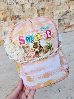 Handmade One Of A Kind Trucker Hat Funny Sassy Burro Glitter Unique Handpainted
